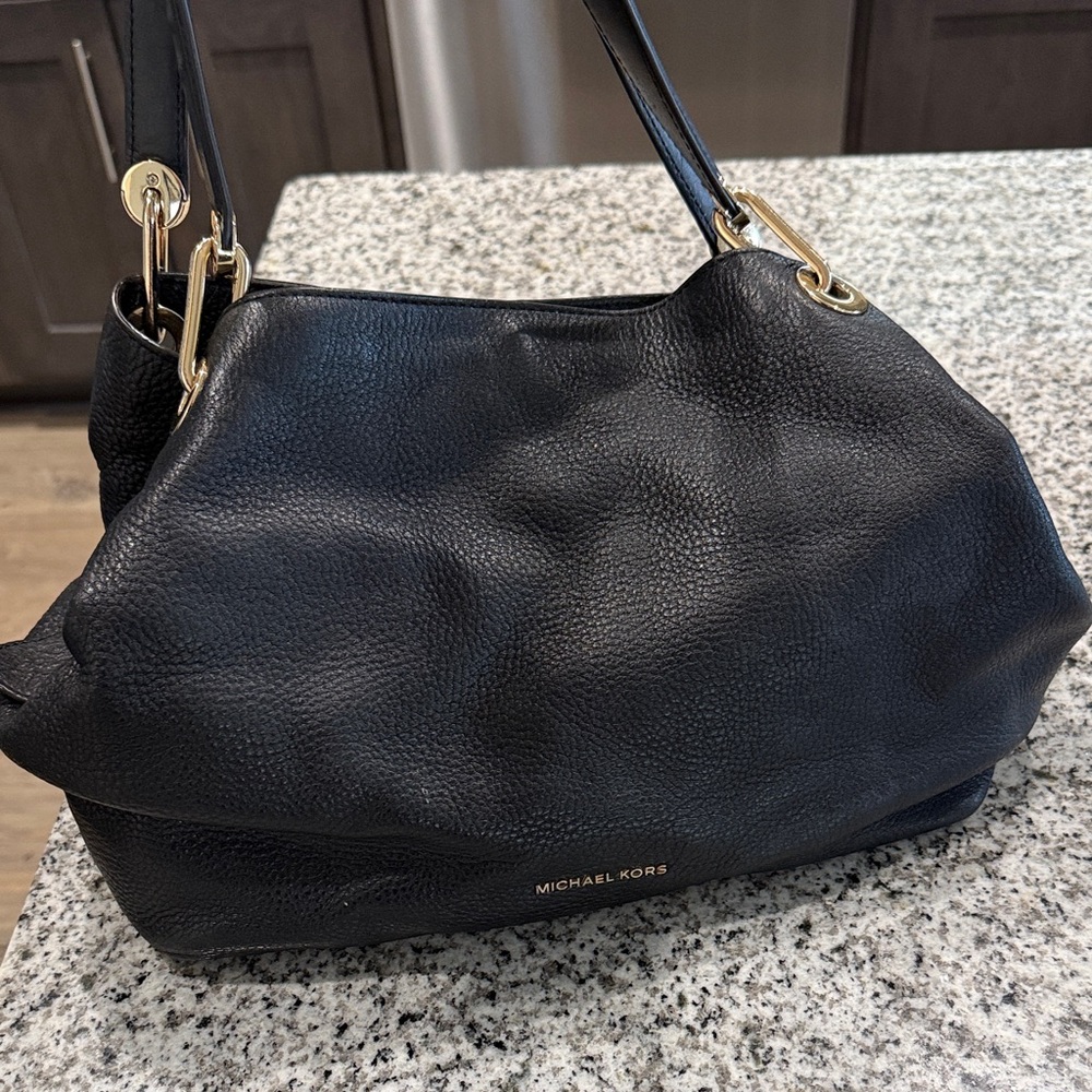 Michael Kors Black Pebbled Leather Shoulder Tote with Gold Hardware